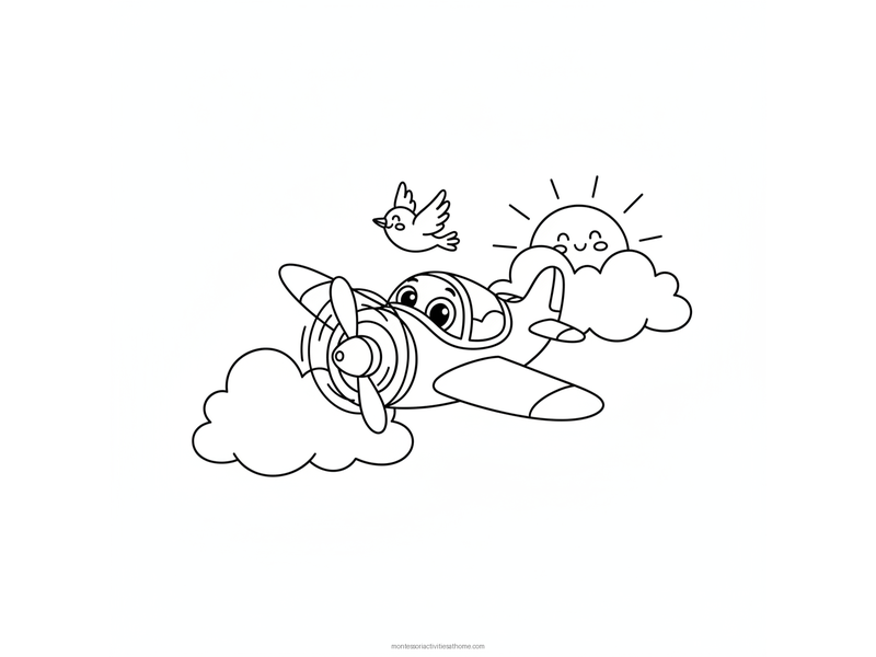 Airplane coloring page with a smiling propeller plane flying between clouds - free printable for kids