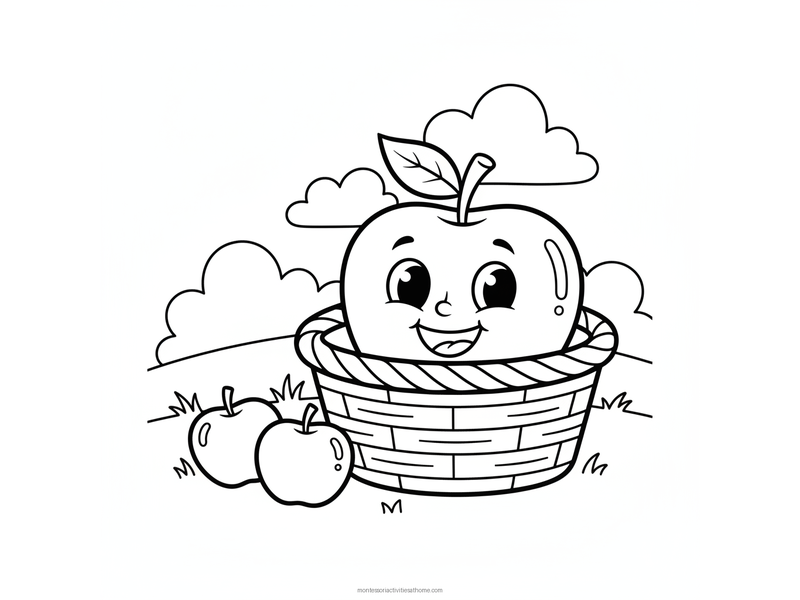 Apple coloring page with a big smiling apple in a woven basket and two smaller apples - free printable for kids