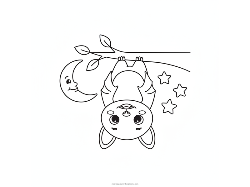 Bat coloring page with a smiling bat hanging upside down from a branch under a crescent moon - free printable for kids