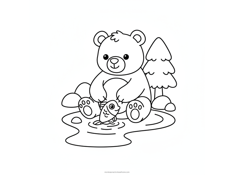 Bear coloring page with a chubby bear sitting by a stream reaching for a fish - free printable for kids