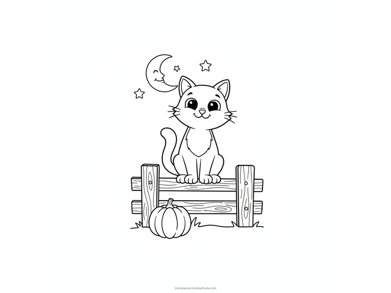 Black cat coloring page with a friendly cat sitting on a fence under a crescent moon beside a pumpkin - free printable for kids