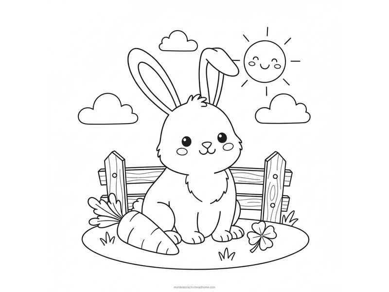 Bunny coloring page with a rabbit sitting beside a carrot and a garden fence - free printable for kids