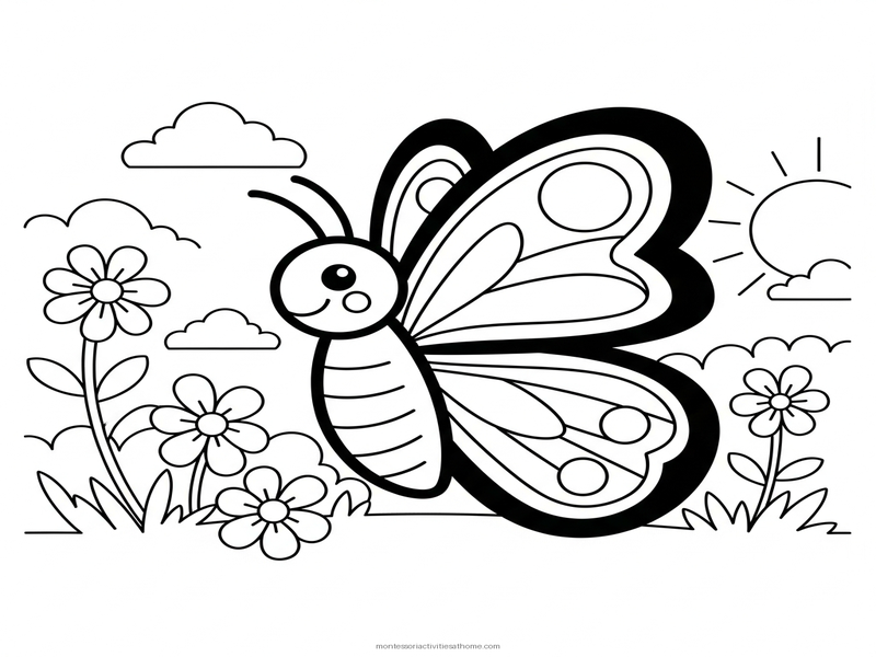 Butterfly coloring page with flowers and sunshine - free printable for kids