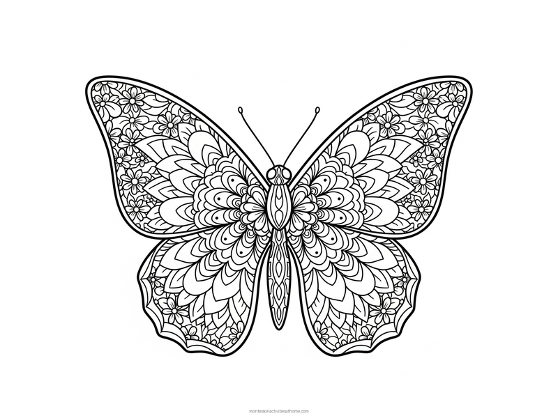 Butterfly mandala coloring page with wings of concentric geometric petals - free detailed printable