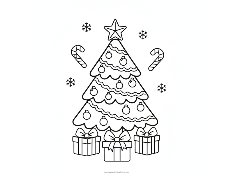 Christmas tree coloring page with a decorated tree with round ornaments, garlands and a star on top, and three wrapped presents underneath - free printable for kids