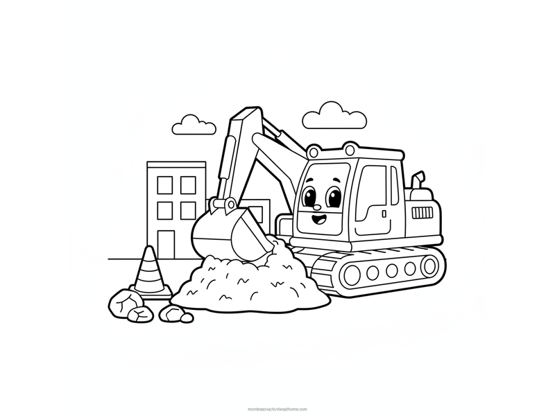 Construction truck coloring page with a digger scooping a mound of dirt, rocks and a traffic cone - free printable for kids