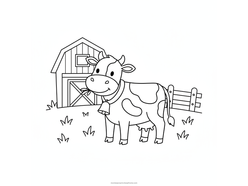 Cow coloring page with a spotted cow wearing a bell standing in front of a barn - free printable for kids