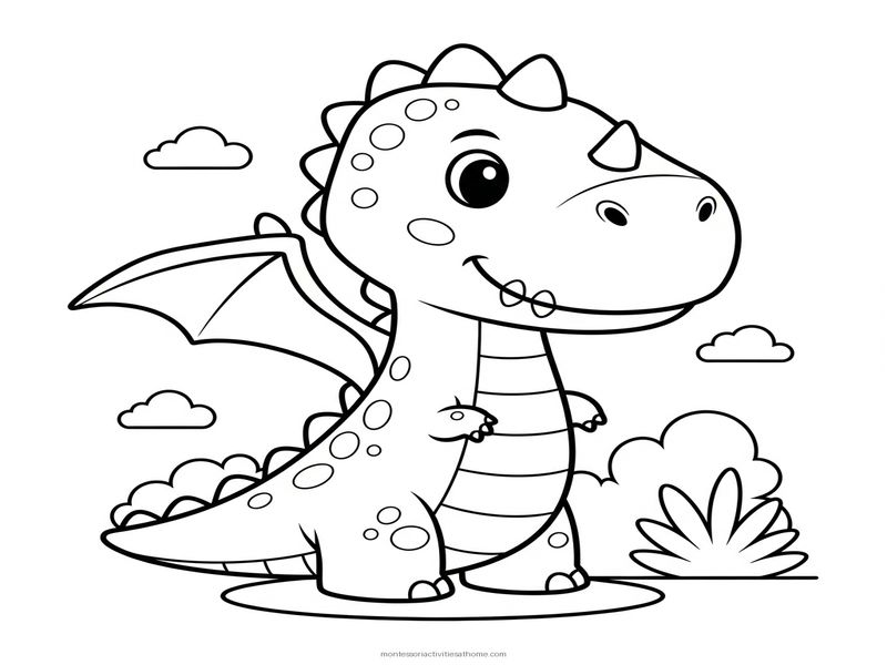 Friendly dinosaur coloring page - free printable for preschool and kindergarten