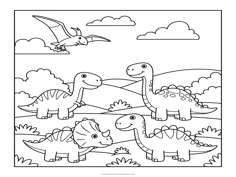 Dinosaurs coloring page with T-Rex and friends - free printable for kids