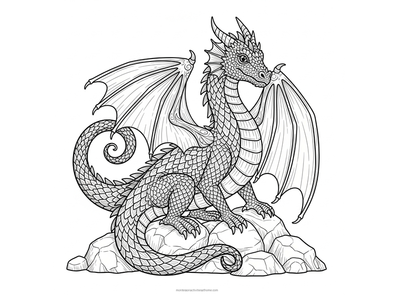 Detailed dragon coloring page with overlapping scales, spread wings and a curled tail - free printable