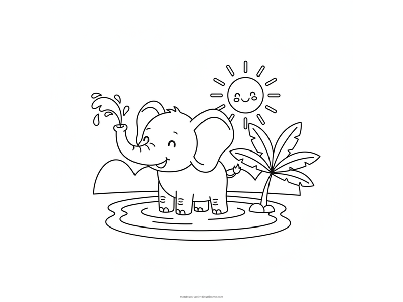 Elephant coloring page with a baby elephant spraying water from its trunk in a pool - free printable for kids