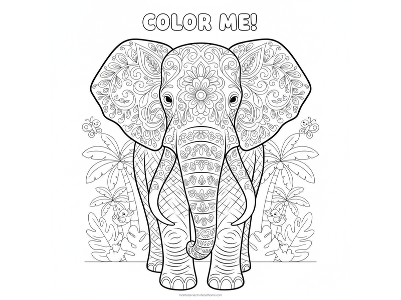 Elephant mandala coloring page with paisley and floral patterns across the ears and forehead - free detailed printable
