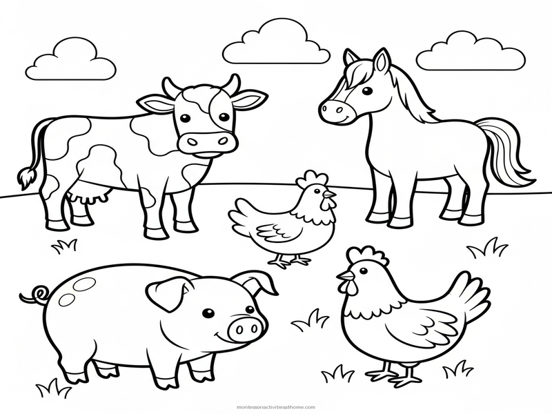 Farm animals coloring page with cow pig chicken horse - free printable for toddlers