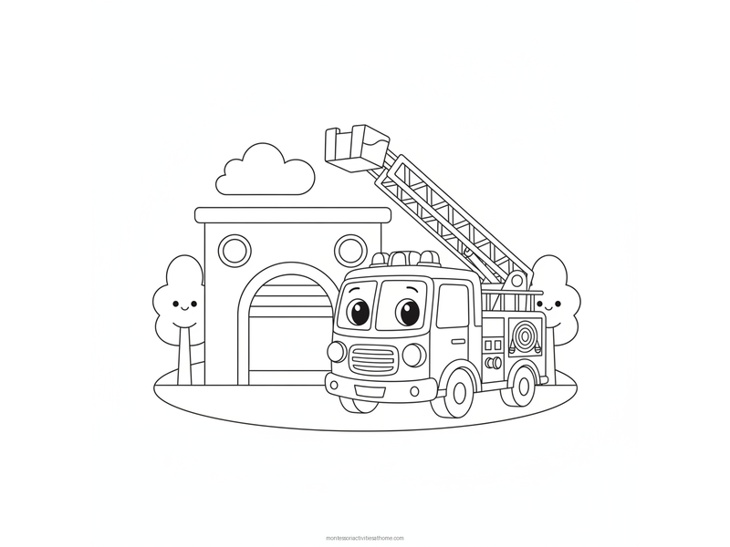 Fire truck coloring page with a raised ladder and coiled hose outside a fire station - free printable for kids