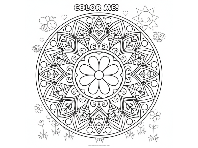 Flower mandala coloring page with concentric rings of petals and leaves around a central blossom - free detailed printable