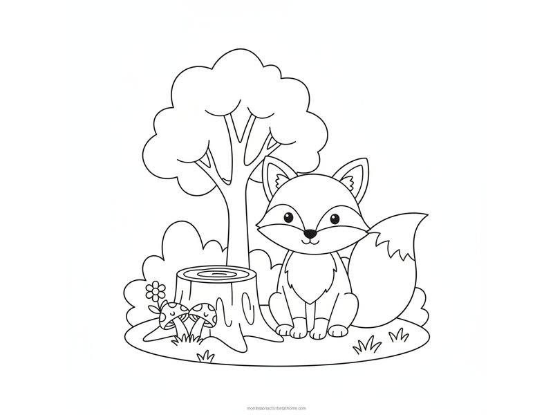 Fox coloring page with a smiling fox with a big bushy tail sitting in a forest clearing beside a tree stump and mushrooms - free printable for kids