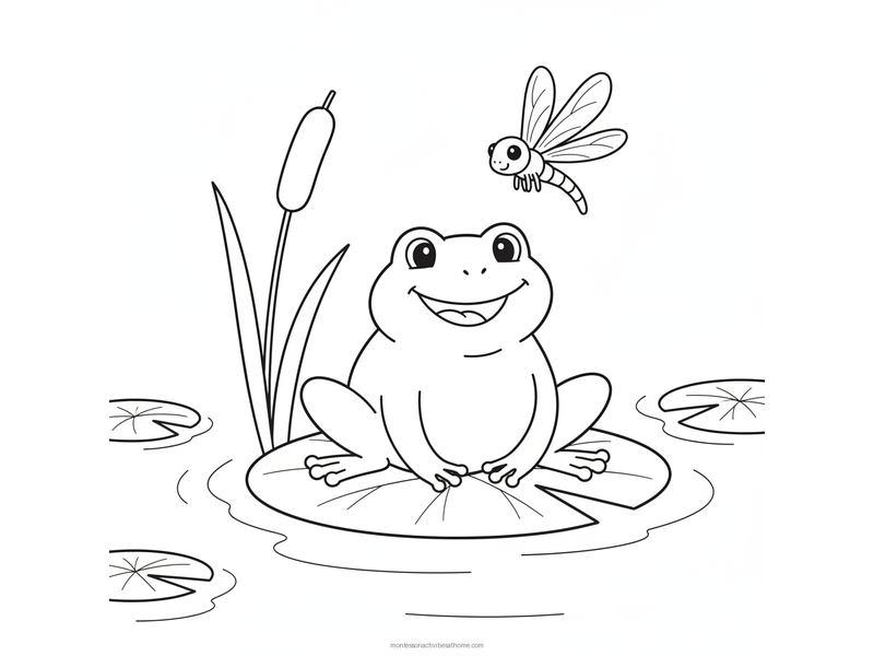 Frog coloring page with a smiling frog on a lily pad, a cattail reed and a dragonfly - free printable for kids