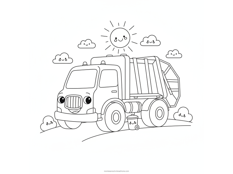 Garbage truck coloring page with a big friendly garbage truck with large wheels, a small trash can beside it and a smiling sun overhead - free printable for kids