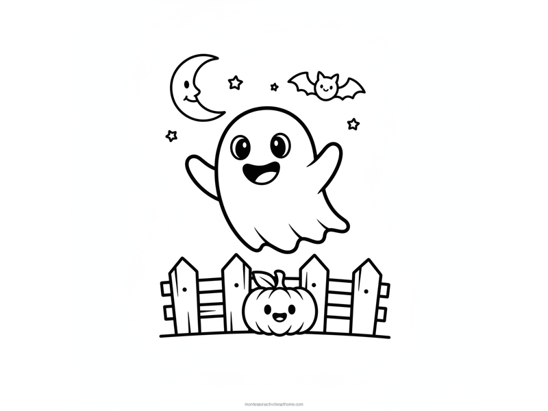 Ghost coloring page with a friendly smiling ghost above a pumpkin and fence with a bat and moon - free printable for kids