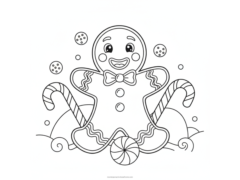 Gingerbread man coloring page with a smiling gingerbread man with icing buttons and a bow tie beside two candy canes and a peppermint - free printable for kids