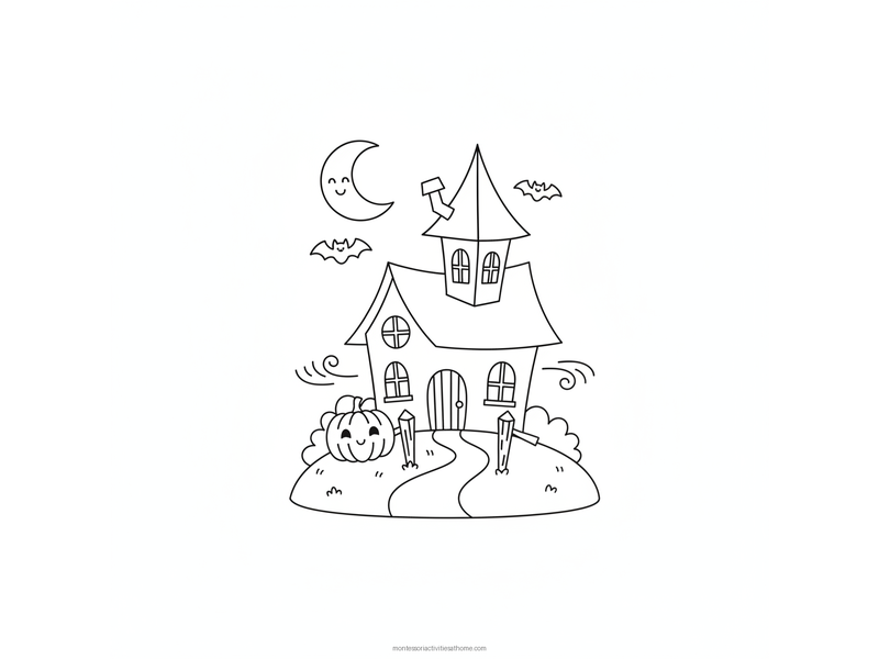 Haunted house coloring page with a friendly crooked house, bats, a moon and a pumpkin - free printable for kids
