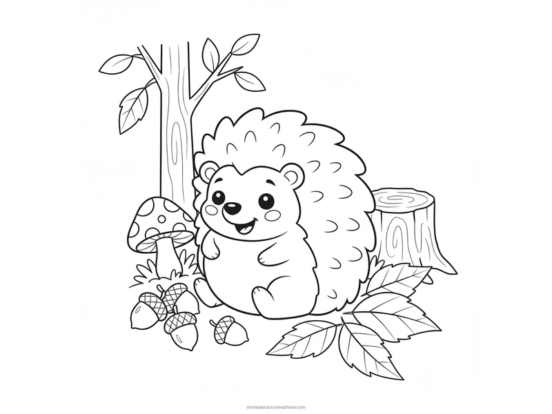 Hedgehog coloring page with a smiling hedgehog beside acorns, a mushroom, fallen leaves and a tree stump - free printable for kids