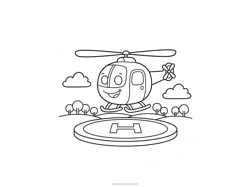 Helicopter coloring page with a smiling helicopter hovering above a landing pad with clouds - free printable for kids