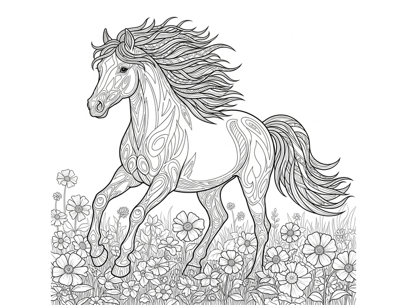 Detailed horse coloring page with a long flowing mane galloping through a flower meadow - free printable