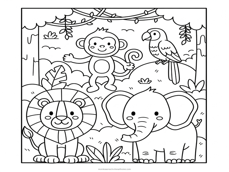 Jungle animals coloring page with lion monkey parrot elephant - free printable