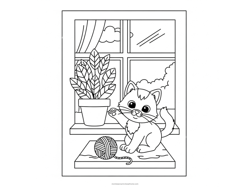 Kitten coloring page with a ball of yarn and a window with a plant - free printable for kids
