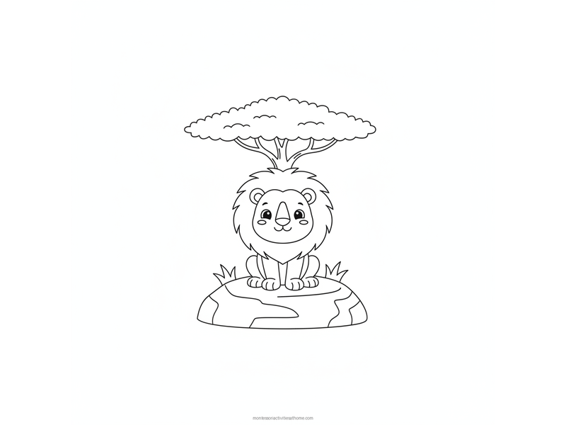 Lion coloring page with a smiling lion sitting on a rock under an acacia tree - free printable for kids
