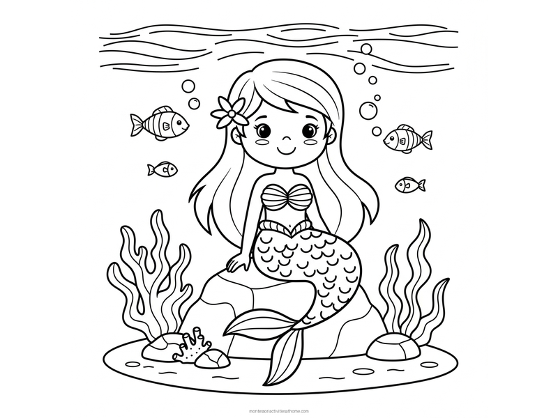Mermaid coloring page with fish, seaweed and bubbles under the sea - free printable for kids