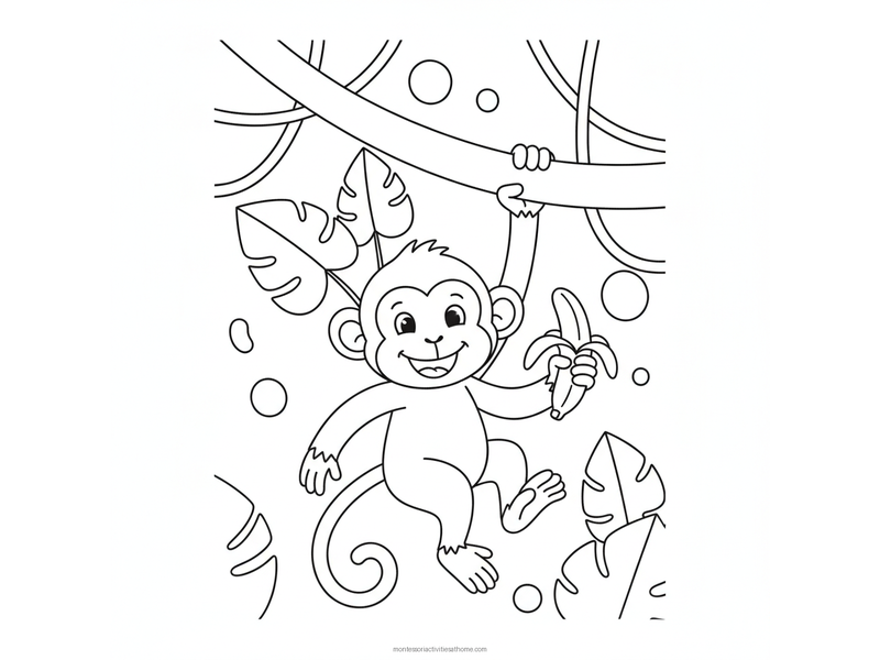 Monkey coloring page with a smiling monkey hanging from a jungle branch holding a banana - free printable for kids