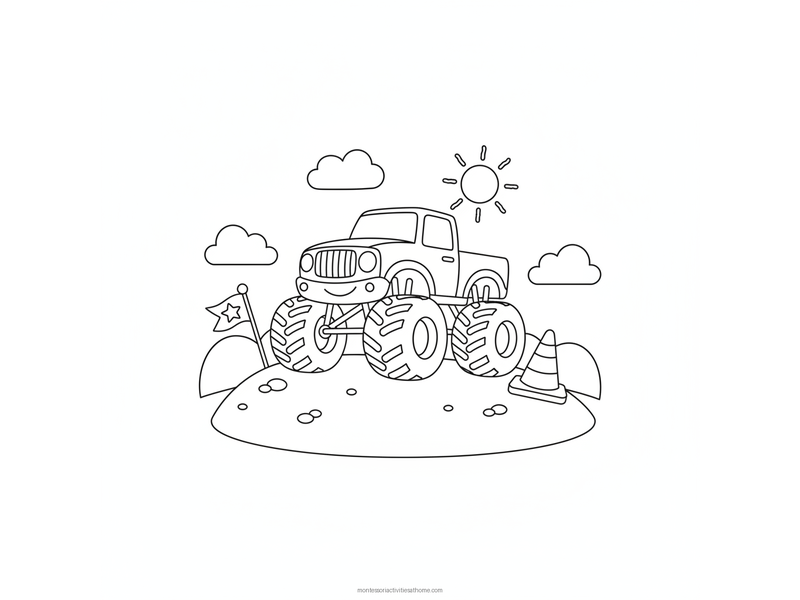 Monster truck coloring page with a smiling truck on huge tyres parked on a dirt mound - free printable for kids