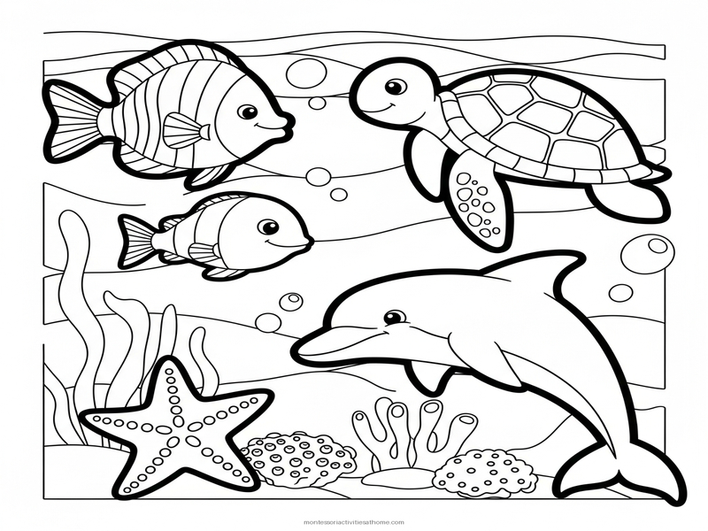 Ocean animals coloring page with fish turtle dolphin starfish - free printable