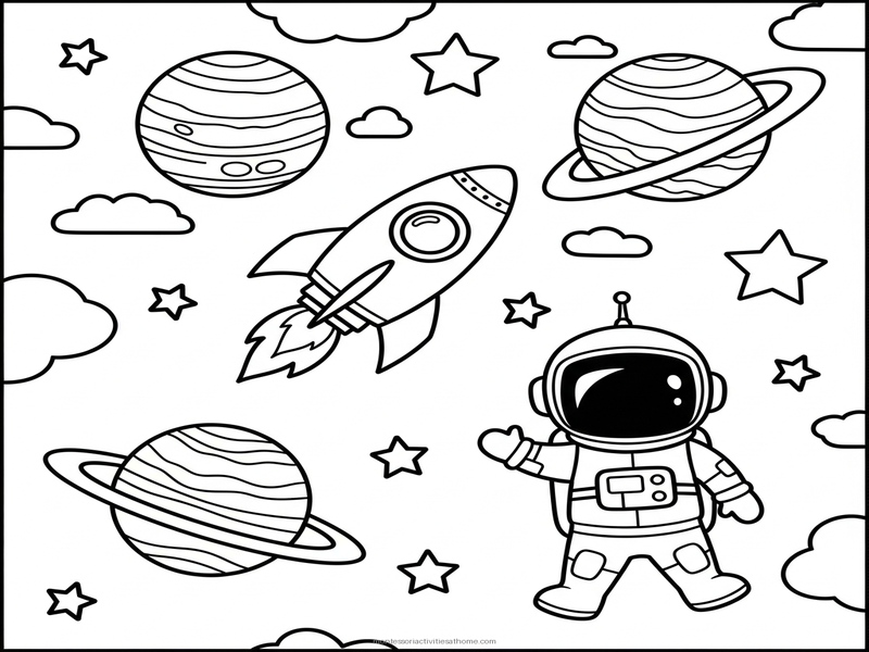 Outer space coloring page with rocket planets stars - free printable for kids