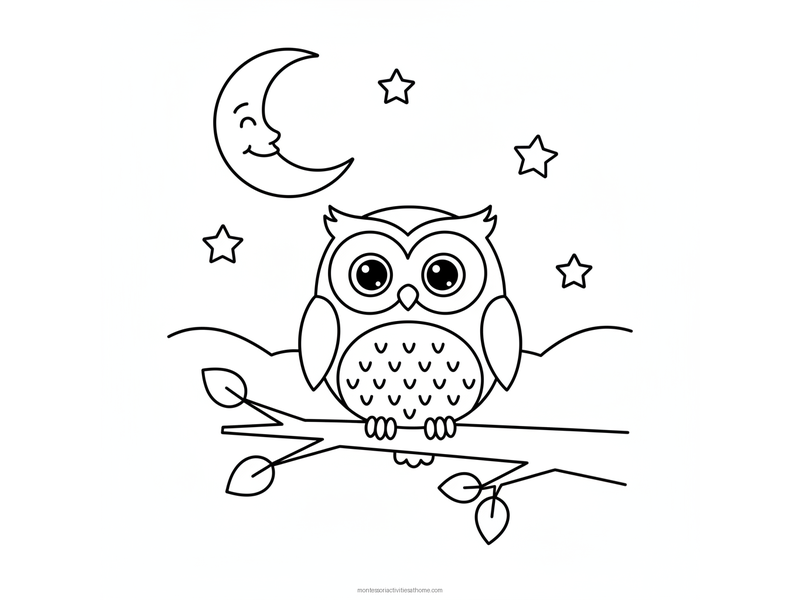 Owl coloring page with a round owl on a branch under a crescent moon and stars - free printable for kids