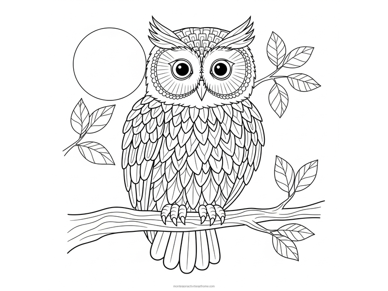 Owl mandala coloring page with layered decorative feathers, moon and leaves - free detailed printable