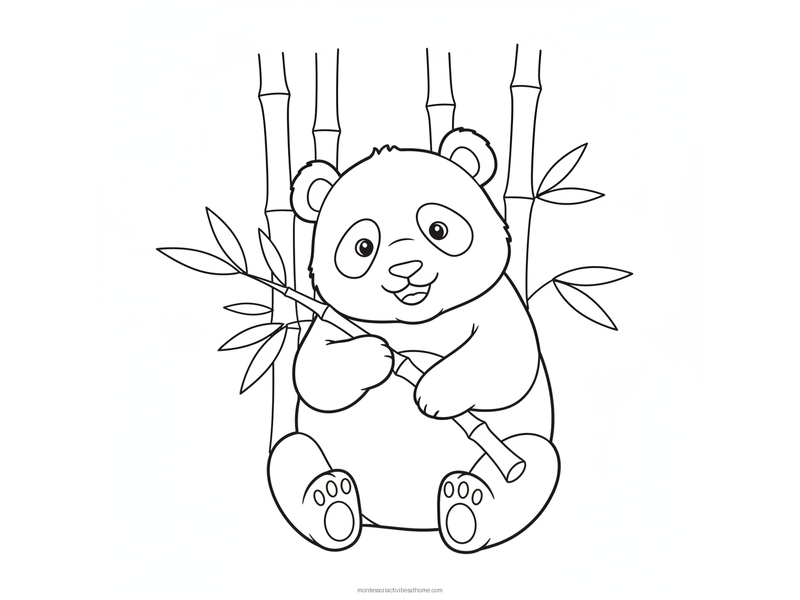 Panda coloring page with a happy baby panda sitting and holding a bamboo stalk with tall bamboo stems behind it - free printable for kids
