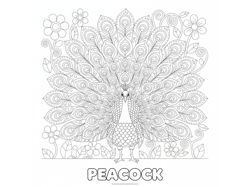 Detailed peacock coloring page with a fanned tail of patterned eye feathers - free printable
