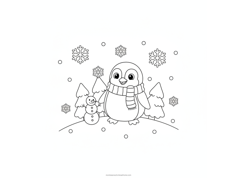 Penguin coloring page with a penguin in a scarf beside a snowman, fir trees and falling snowflakes - free printable for kids