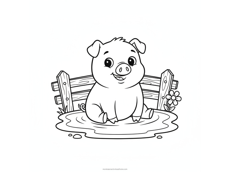 Pig coloring page with a happy round pig sitting in a mud puddle beside a fence and a small flower - free printable for kids