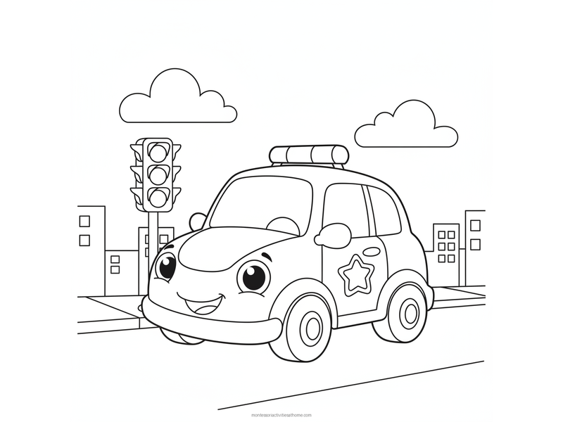 Police car coloring page with a smiling police car parked beside a traffic light - free printable for kids