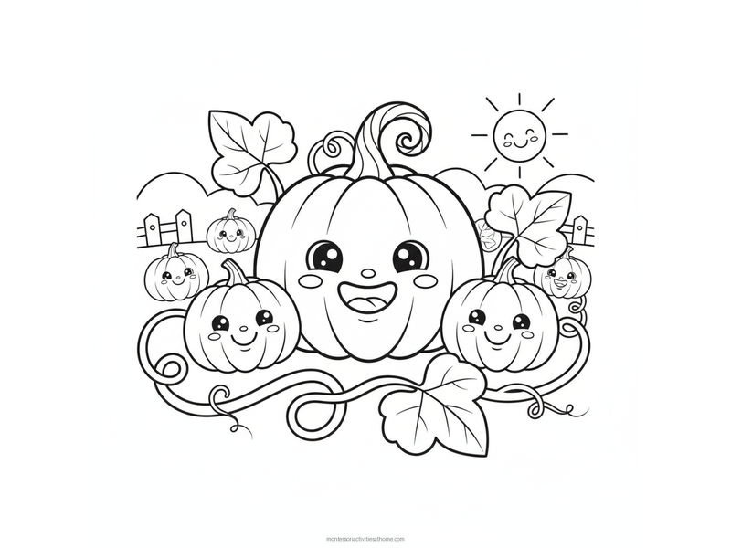 Pumpkin coloring page with a large smiling pumpkin, two smaller pumpkins, leaves and a curling vine - free printable for kids