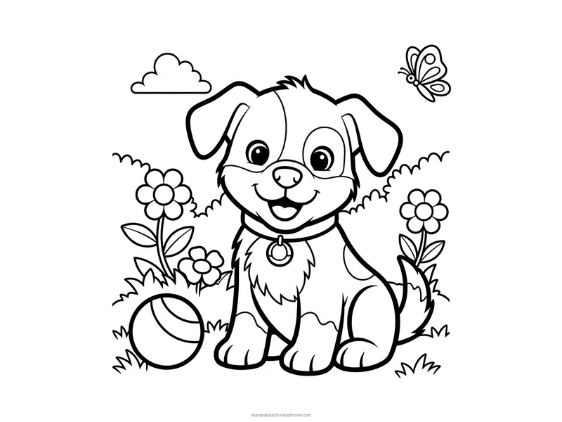 Puppy coloring page with a ball, butterfly and garden flowers - free printable for kids