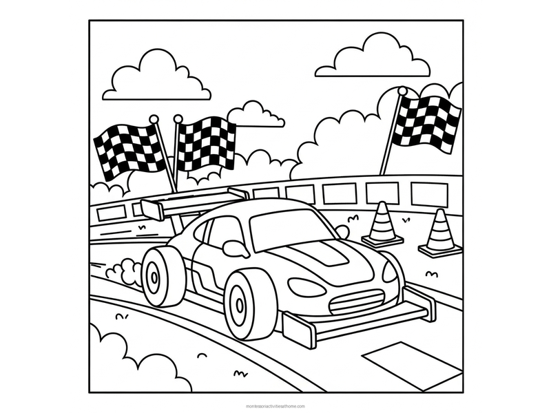 Race car coloring page with checkered flags, cones and a track - free printable for kids