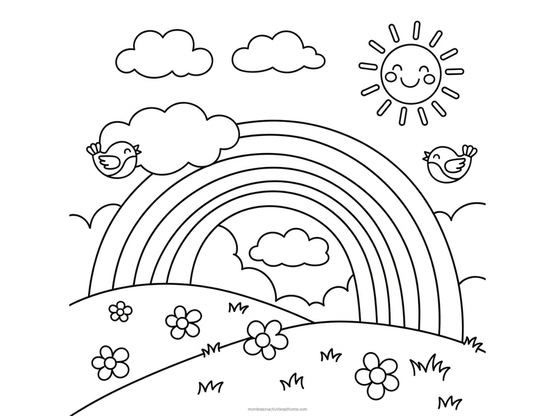 Rainbow coloring page with clouds, a smiling sun, birds and flowers - free printable for toddlers