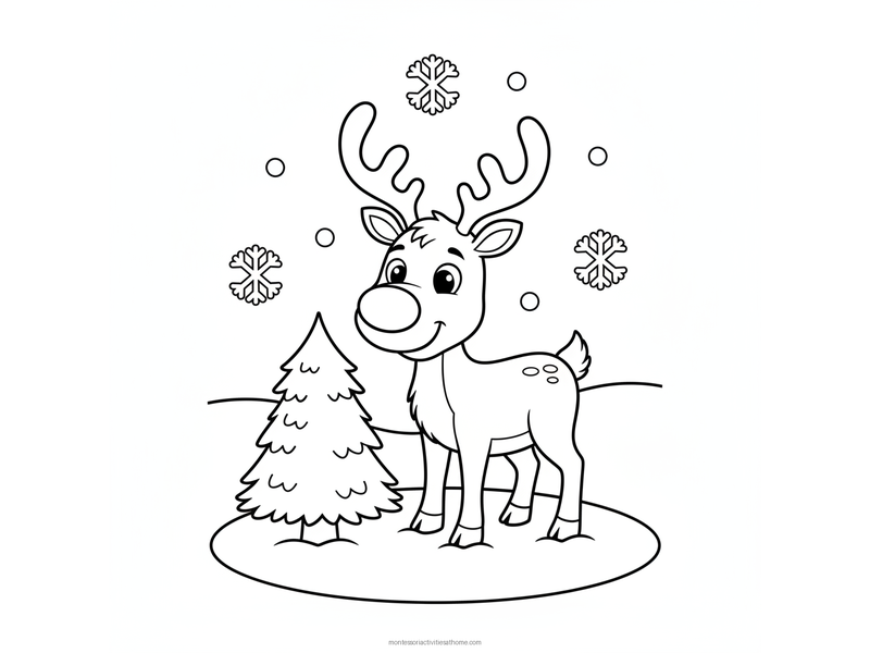 Reindeer coloring page with a smiling reindeer with big antlers standing in the snow beside a small fir tree and falling snowflakes - free printable for kids