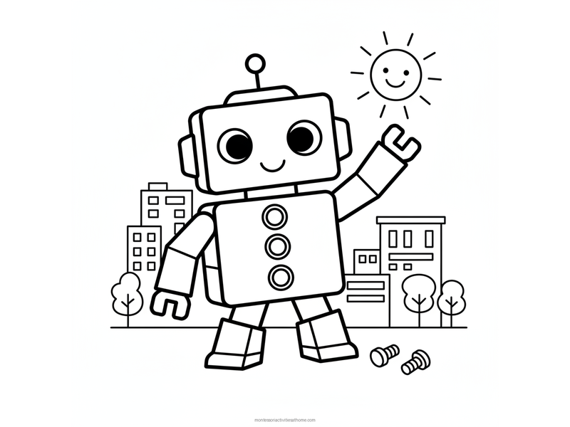 Robot coloring page with a friendly boxy robot waving, an antenna on its head and a city behind it - free printable for kids
