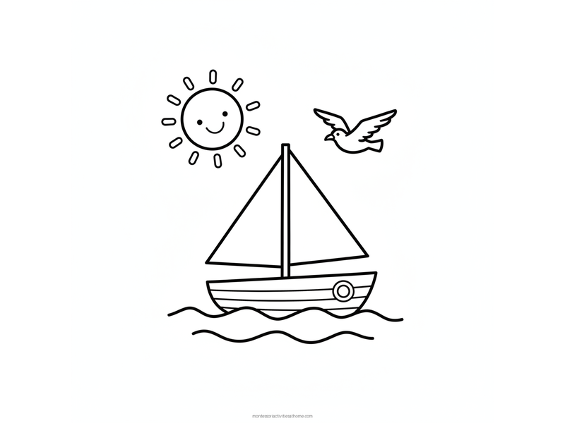 Sailboat coloring page with a small sailboat with two sails on gentle waves, a sun and a gull overhead - free printable for kids